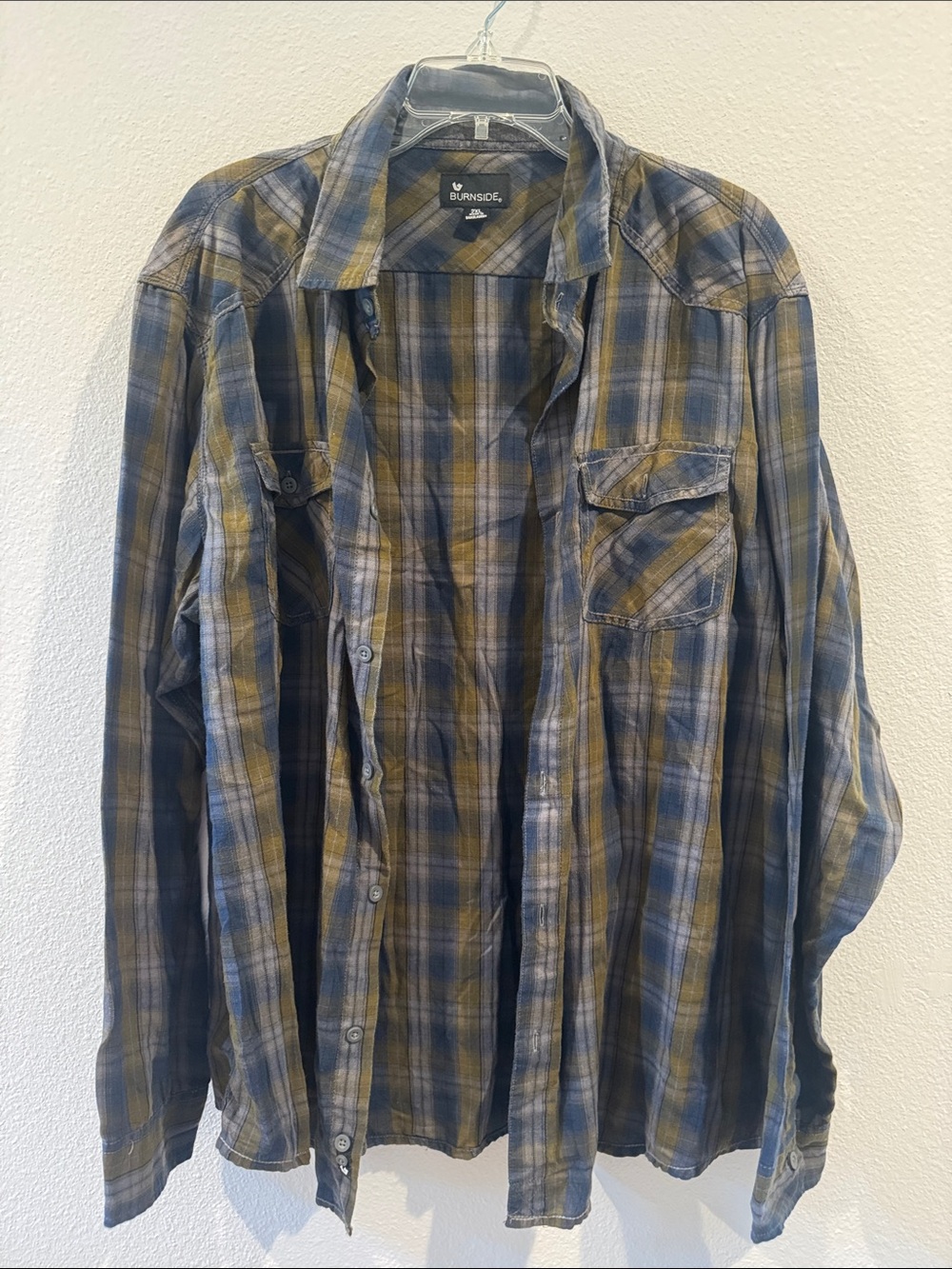 Men’s Navy and Green Plaid Button-Up Shirt